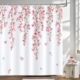 Bonhause Duschvorhang Kirschblüte Frühling Rosa Blumen Japanische Duschvorhänge 180 x 180 cm Anti-Schimmel Wasserdicht Polyester Stoff Waschbar Bad Vorhäng für Badzimmer mit 12 Haken