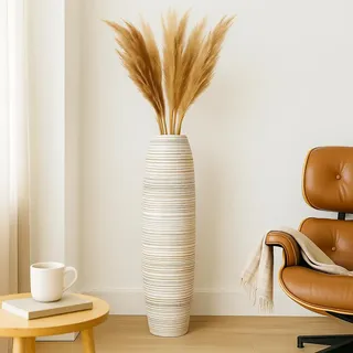 Leewadee Große Deko Bodenvase Für Dekozweige, Hohe Standvase Für Pampasgras, Design Holzvase, 85 cm, Weiß