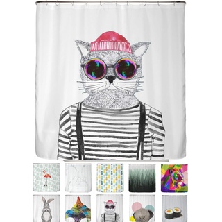 arteneur® - Hipster Katze aus Berlin - Anti-Schimmel Duschvorhang 180x200 - Recycelt mit Öko-Tex Standard 100 - Beschwerter Saum, Blickdicht, Wasserdicht, Waschbar, 12 Ringe