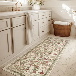 TOPICK Blumen Läufer Flur Waschbar Küche Läufer Kurzflor Vintage Rot-Grün Romantisch Teppich 60x210cm Antibakterieller Faltbar rutschfest Dünn Teppich für Brücken Schlafzimmer Wohnzimmer Flur