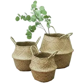 Natürlicher Seegras Korb mit Griff 3 Packung, SZETOSY Handgewebt Klappbares Dekor Lagerung/Waschkorb, 20x22cm,27x24cm, 32x28cm