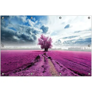 Wallario Outdoor-Poster für Garten oder Balkon, Motiv Surreales Blumenfeld lila Blumen auf dem Feld, in ca. 80 x 120 cm - Rosa