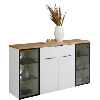 Stylife Sideboard , Weiß, Eiche Artisan , Glas, Holzwerkstoff , 5 Fächer , 1 Schubladen , 160x90x43 cm , Beimöbel erhältlich, stehend, Beleuchtung , Wohnzimmer, Wohnwände, Wohnwand-Serien