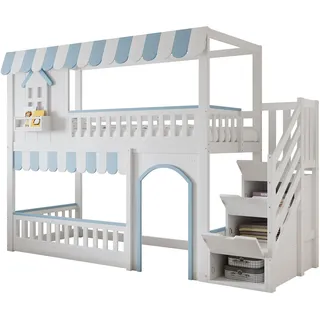 Etagenbett mit Regal, Schrank, Lattenrost und Treppe, 90x200cm, Kinderbett mit Rausfallschutz, Hochbett, Kiefer - Weiß