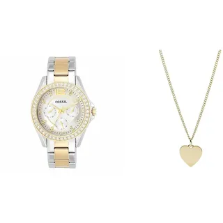 Fossil Damenuhr Riley, 38 mm Gehäusegröße, Quarz-Multifunktionswerk, Edelstahlarmband Damen Halskette Heart Gold-Tone Stainless Steel JF03080710