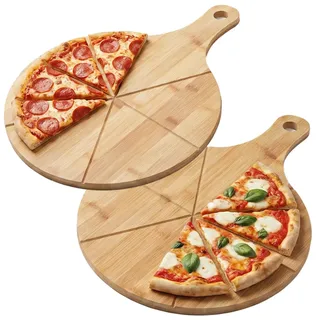 Ottido Pizzateller Holz 33 cm 2er Set mit Griffen aus leichtes und robustes Massivholz - Runde Pizza Servierbretter für den Einsatz zu Hause, in der Küche und in der professionellen Pizzeria