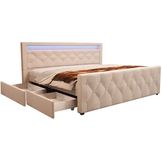 Home Deluxe - Polsterbett VELARA - 180 x 200 cm, Farbe: Beige, gepolstertes Kopfteil mit LED Beleuchtung, inkl. 4 Schubladen I Doppelbett Komforbett - Beige