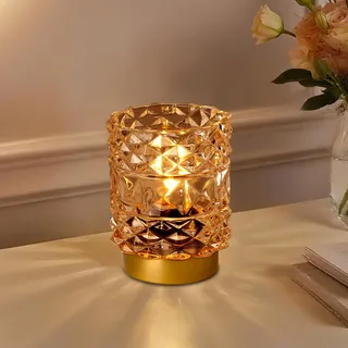 MJ PREMIER Kabellose Tischlampe Batteriebetrieben mit Timer, Dekorative Tischleuchte für Schlafzimmer Wohnzimmer, Kristall Optik mit Rhombus Textur, Modern Akku Lampe für Regal Sideboard Brillant