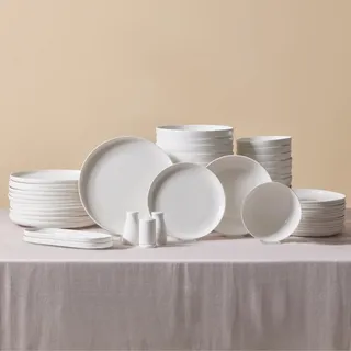 KARACA Streamline Favaro Service de Table Geschirr Set, 53 Tlg, Geschirrset 12 Personen aus Bone China mit Tellern, Schalen, rechteckigen Servierplatten, Salz- und Pfefferstreuer, Platin Teller Set