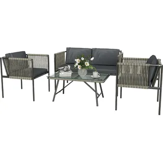 Outsunny Gartenmöbel Set aus Polyrattan Lounge-Set mit 2er Sofa Sessel Glastisch Kissen wetterfest Balkonmöbel Grau