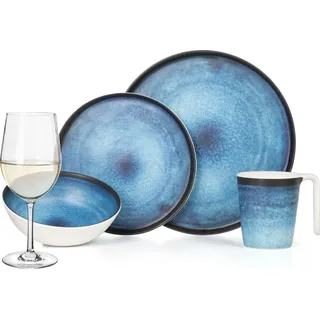 Melamin Camping Geschirr Set 4 Personen Deep Ocean + 4 Tiamo Weiß Weingläser Tafelgeschirr Picknick BBQ Kochgeschirr - Weiß