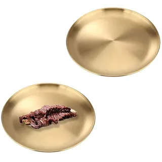 2 Stück Edelstahl Rundes Geschirr, Edelstahl Rundes Tablett, Goldenes Rundes Tablett, Goldene Dekorative Platte, Edelstahlteller Servierteller, für Küche, Esszimmer, Camping, Party, 20 cm, Gold