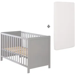roba 2 in 1 Babybett 60 x 120 cm + Matratze - Gitter- & Beistellbett 6-fach Höhenverstellbar - 5 Schlupfsprossen - Holz grau / taupe