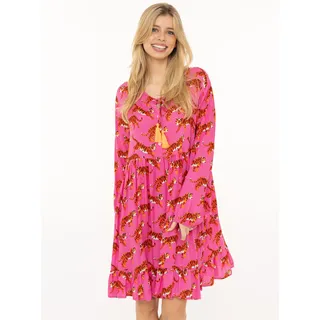 Zwillingsherz Sommerkleid ""Trendy Tiger"" Ohne Taschen Tigermotiv, mit Tassel lange Ärmel, figurumspielend, pink