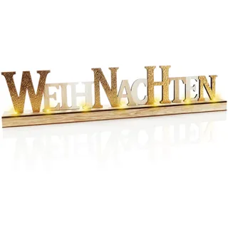 com-four® LED Deko Aufsteller aus Holz - beleuchteter Schriftzug auf Holzsockel - Deko-Schriftzug zum Hinstellen für Weihnachten - Stimmungslicht mit Timer (weiß + goldfarben)