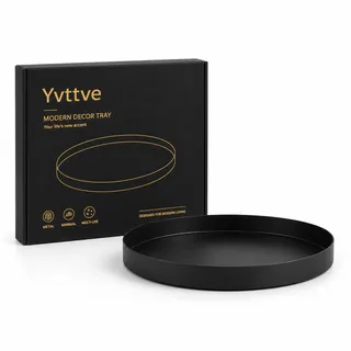 Yvttve Deko Tablett Schwarz Rund | Rundes Serviertablett Schwarz Matt Design Dekoteller und Dekotablett aus Metall für Adventskranz Teller (Ø 25 cm)