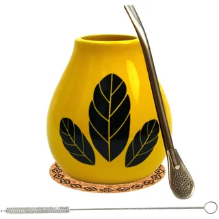 Mate Green Yerba Mate-Tee Kalebasse Set Mate tee becher Hoja Yellow 350ml ● Keramik mate tee tasse gelb ● Edelstahl trinkhalm Bombilla 19cm ● Korkpad ● Reinigungsbürste ● Keramik mate becher