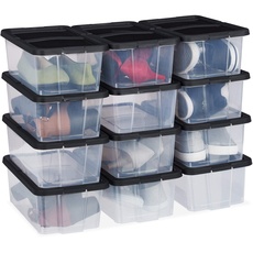 Bild von Schuhboxen Kunststoff, 12er Set, stapelbar, durchsichtige Aufbewahrungsbox mit Deckel, 12,5x20x34,5cm, schwarz