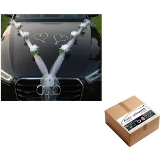 Auto-schmuck so einfach so kreativ Organza M + Herzen Braut Paar Rose Deko Dekoration Autoschmuck Hochzeit Car Auto Wedding Deko Ratan Girlande ®Auto-schmuck PKW (Reinweiß/Weiß/Weiß)