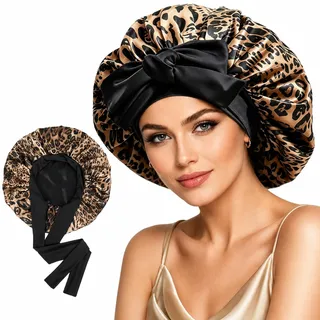 Aribliseza Schlafhaube Seide , Leopardenmuster Satin Lockenhaube zum Schlafen, doppel-lagig verstellbares Bonnet, Frauen, schützt Locken & langes Naturhaar