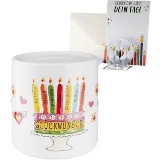 CULT at home 3-teiliges Geschenkset - Spardose Wunscherfüller Geldgeschenk Urlaub Reise - mit Glückwunschkarte und Teelichthalter klein – Spar Dose Ø 9 cm mit Motiv: Geburtstagstorte mit Kerzen