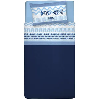 PENSIERI DELICATI Bettwäsche Set Einzelbett 100% Baumwolle, Einzelbett Max 120x200 Inklusive Bodenblech, Deckblatt und 1 Kissenbezug, Made in Italy, Blau Sea Life Muster