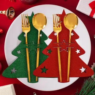 Besteckhalter Weihnachten Filz, 8 Stück Bestecktasche Weihnachtsbaum Besteckbeutel Tannenbaum Tischdeko, Rot Grün Weihnachts Messer Gabeln Löffel Geschirr Besteck Taschen für Tisch Weihnachtsdeko