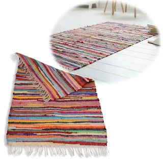 LS-LebenStil Boho Flickenteppich Dehli 90x60cm Bunt Baumwolle mit Fransen | Chindi Fleckerlteppich in Regenbogen Farben | ideal als Läufer, Vorleger, im Wohnzimmer, Flur, Kinderzimmer, Badezimmer