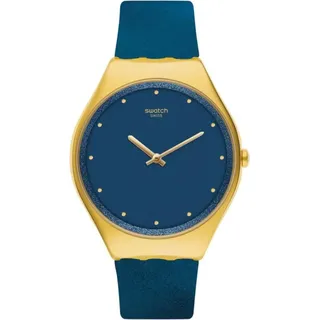 Swatch Klassische Damenuhr 38 mm Quarz Mineralglas Blau Gelb Wasserdicht 30 m - Blau, Gold