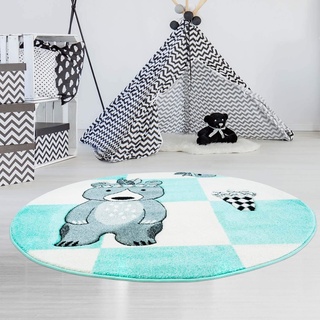 Carpet City Kinderteppich Bueno Indianer-Bär Tipi Mint Türkis mit Konturenschnitt, Glanzgarn Kinderzimmer; Größe: 120x120 cm Rund, bueno-1516-mint-120x120rund