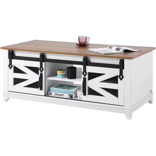 Vevor Couchtisch Kaffeetisch im Farmhouse-Stil, rechteckiger Couchtisch mit 2 Schiebetüren, 68 kg belastbar 2-stufiger rustikaler Cocktailtisch mit abnehmbaren Regalen für Wohnzimmer Schlafzimmer