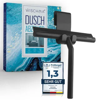 WISCHMA Duschabzieher aus Silikon, schwarz – Abzieher für Dusche mit Halterung ohne Bohren, Edelstahl-Kern, Glasabzieher streifenfrei für Glas, Spiegel und Fliesen