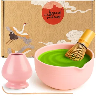 Goodwei Matcha Set mit Matchabesen, Löffel und Matcha Schale mit Besenhalter aus Keramik im passenden Design | Kunstvoll gefertigte Matchaschale Chawan mit Ausgießer, 450 ml (Camellia Pink)