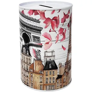 Dose Spardose Design Paris Charakteristische Elemente der Stadt und Monumente Eiffelturm Notre Dame Triumphbogen aus Metall nicht zu öffnende Blechdose 13 x 8 cm