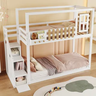Etagenbett mit 2 Liegeflächen, Treppe und Lattenrost, 90x200 cm, Kinderbett mit Rausfallschutz und Stauraum, Kiefer - Weiß
