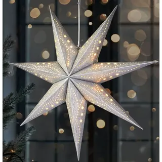 Brubaker 3D Weihnachtsstern zum Aufhängen - LED Papierstern mit Timer - 60 cm Adventsstern Batteriebetrieben Silber - Silber