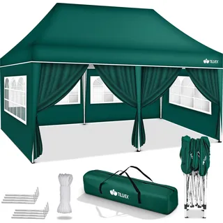 tillvex Pavillon 3x6m - mit 6 Seitenwänden Grün wasserdicht | Pop-Up Faltpavillon höhenverstellbar | Gartenzelt UV Schutz 50+ | Partyzelt mit Tasche für Garten - Grün