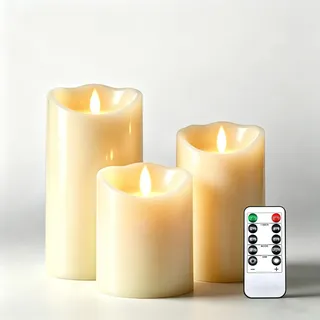 Da by 3 Stück Elfenbein LED Kerzen, Schwingender Flammen-Effekt, Realistische Flackernde Säulenkerzen mit Fernbedienung, ABS Hitzebeständig Wiederverwendbar für Innen- und Außendekoration