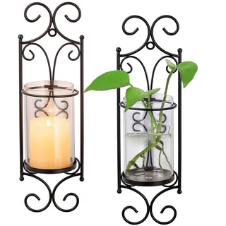 Sziqiqi Kerzenständer Kerzenhalter für Wand mit Hurricane Glas - Wandkerzenhalter Schwarz Satz von 2 Metall Wanddeko Kerzenleuchter für Stumpenkerzen für Wohnzimmer Schlafzimmer Kamin Badezimmer