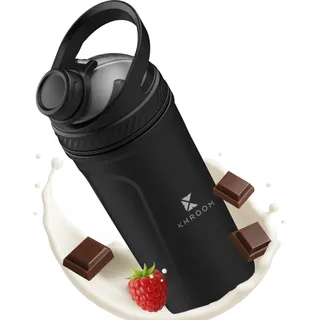 Khroom Thermo Protein Shaker 700 ml aus Edelstahl | 12 h heiß/kalt | auslaufsicherer Deckel | spülmaschinenfest | Mix-Einsatz für Eiweißshake, Smoothie, Tee (Schwarz)