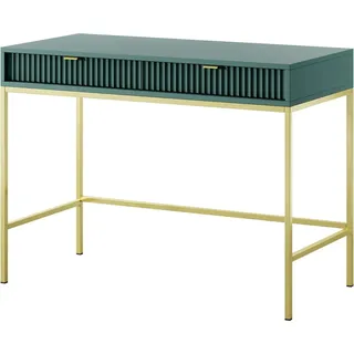 Schminktisch Kioto 104 cm Grün & Gold – Rillenfront, Goldene Griffe, 2 Schubladen, Luxus - Grün, Gold