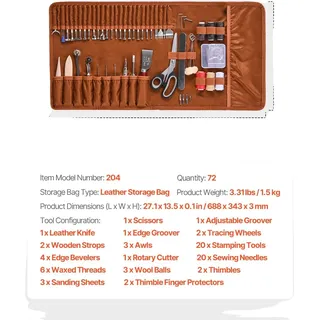 Lederbearbeitungswerkzeug-Set, essentielle Handwerkszeuge, organisierte Aufbewahrung, 72PCs Leder