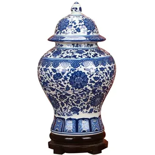 ufengke Jingdezhen Klassische Blaue und weiße Porzellan-Blumen-Tempel-Ingwer-Vase, chinesischer Ming-Stil, Höhe 38 cm, Blau, Weiß