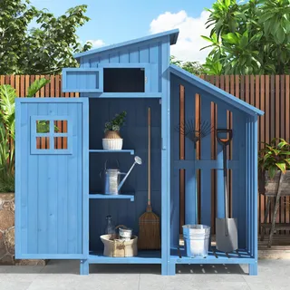 Gartenschrank Gerätehaus Geräteschuppen Holz, 124x46x174 cm, kompakt für kleine Gärten, Gartenhaus zur Aufbewahrung - Blau