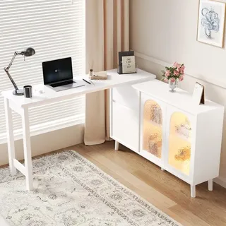 Schreibtisch mit LED - 2-in-1 Sideboard und Arbeitsplatte, 360° drehbar, mit Acryltür,, weiß, 120×40×78 cm - Weiß