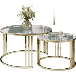 lookway Runder Couchtisch 2in1 LORI GLASS goldener Chrom - Schwarz/Weiß/Transparent