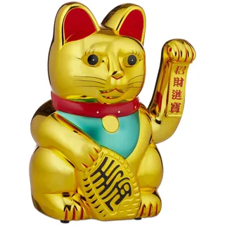 Relaxdays Relaxdays, gold Winkekatze, XL Maneki Neko, batteriebetriebene winkende Pfote, Glücksbringer für Reichtum, Erfolg, 30 cm, Goldfarben