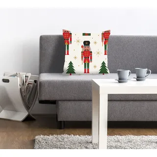 Dekokissen QUEENCE "Mick", rot (rot, grün, bedruckt), B:40cm L:40cm, Polyester, Dekokissen_Sitzkissen_Kissenhüllen, Dekokissen, mit Nussknackern und Tannenbäumen