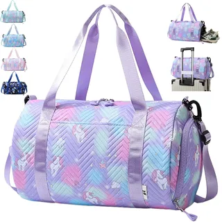 AUNGKWANG Einhorn Yogatasche, Sporttasche Mädchen, Wasserdicht Turnbeutel, Reisetasche Kinder, Gym Bag, Schwimmtasche, Sportrucksack, Trainingstasche mit Schuhfach & Nassfach (Lila)