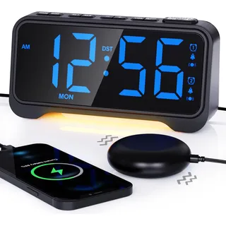 ROCAM Wecker Laut für Tiefschläfer, Wecker Digital mit Vibration, Großen Zahlen, Wochentag, Doppelalarm, Einstellbare Lautstärke & Helligkeit, Nachtlicht, DST, USB, Ideal für Gehörlose, Hörgeschädigte